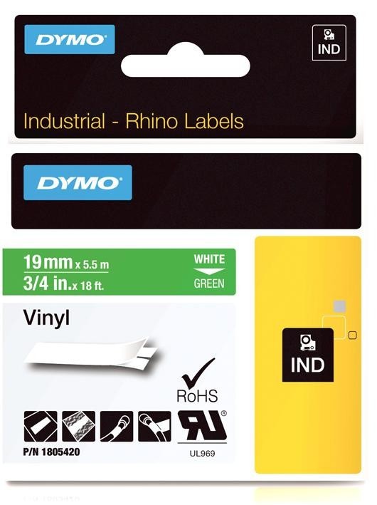 Dymo 1805420 Tape Vinyl White On Green 19mm