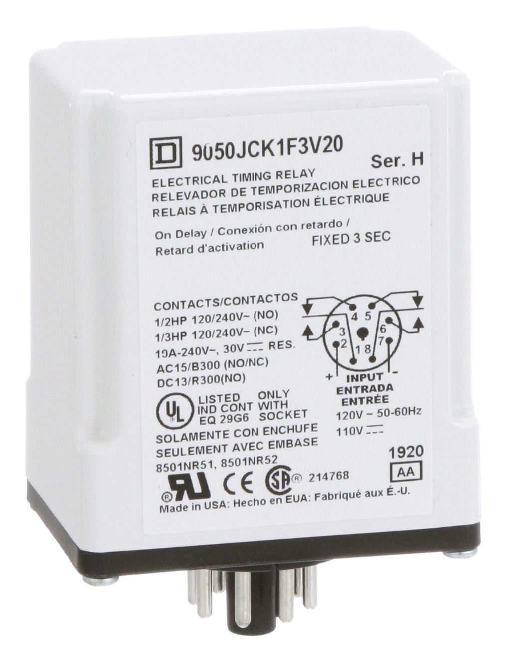 Square D By Schneider Electric 9050Jck1F3V20 Time Delay Relay, Dpdt, 3S, 120Vac