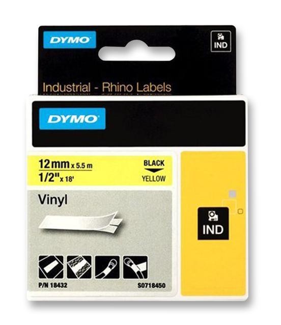 Dymo 18432 Tape, Perm, Vinyl, 12mm x 5.5M, Yellow