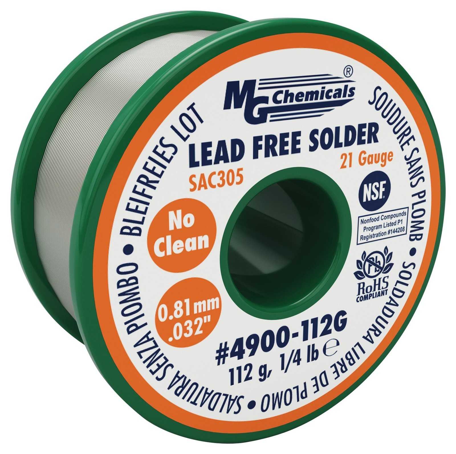 MG Chemicals 4900-112G Solder Wire, No Clean, 21Awg, 113G