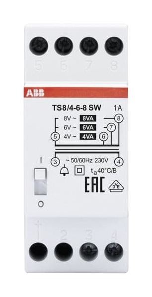 Abb Ts8/4-6-8Sw Bell Transformer, 4V/6V/8V, 2A, 8Va