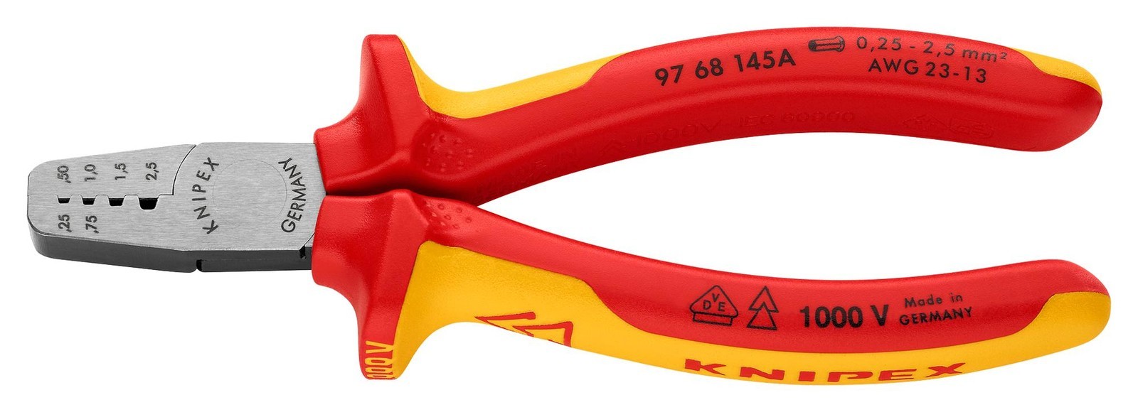 Knipex 97 68 145 A Vde Crimp Pliers, Ferrules 0.25-2.5mm2