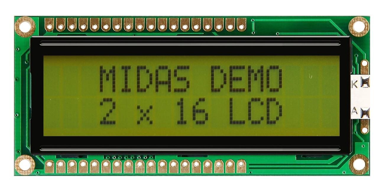Midas Displays Mc21605G6W-Sptly3.3-V2 Lcd Display, Cob, 16 X 2, Stn, 3.3V