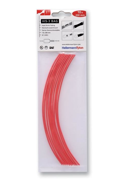 HellermannTyton 308-30160 Heatshrink, 3: 1, 1.5mm, Red, Pk10