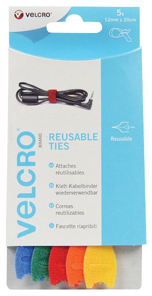 Velcro 60250 Adjustable Ties, 12X200mm (5 Colour) 5Pk