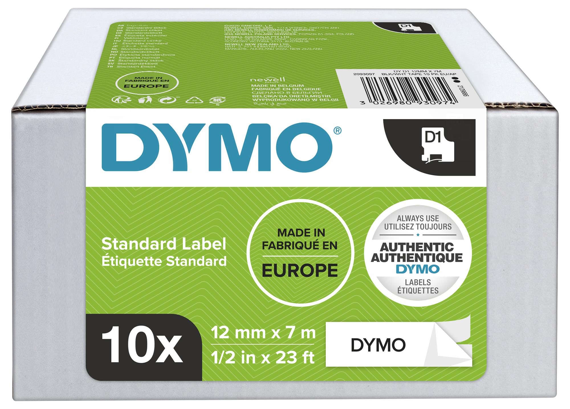 Dymo 2093097 Label Printer Tape, 12mm X 7M, Blk/wht