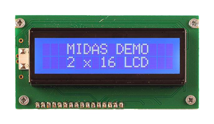 Midas Displays Mc21605A6W-Bnmlw3.3-V2 Lcd Display, Cob, 16 X 2, Blue Stn, 3.3V