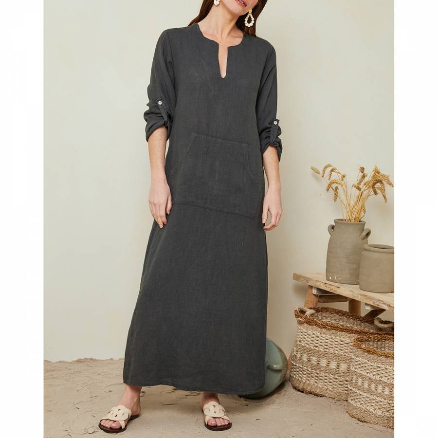 Grey Open Neck Linen Dress