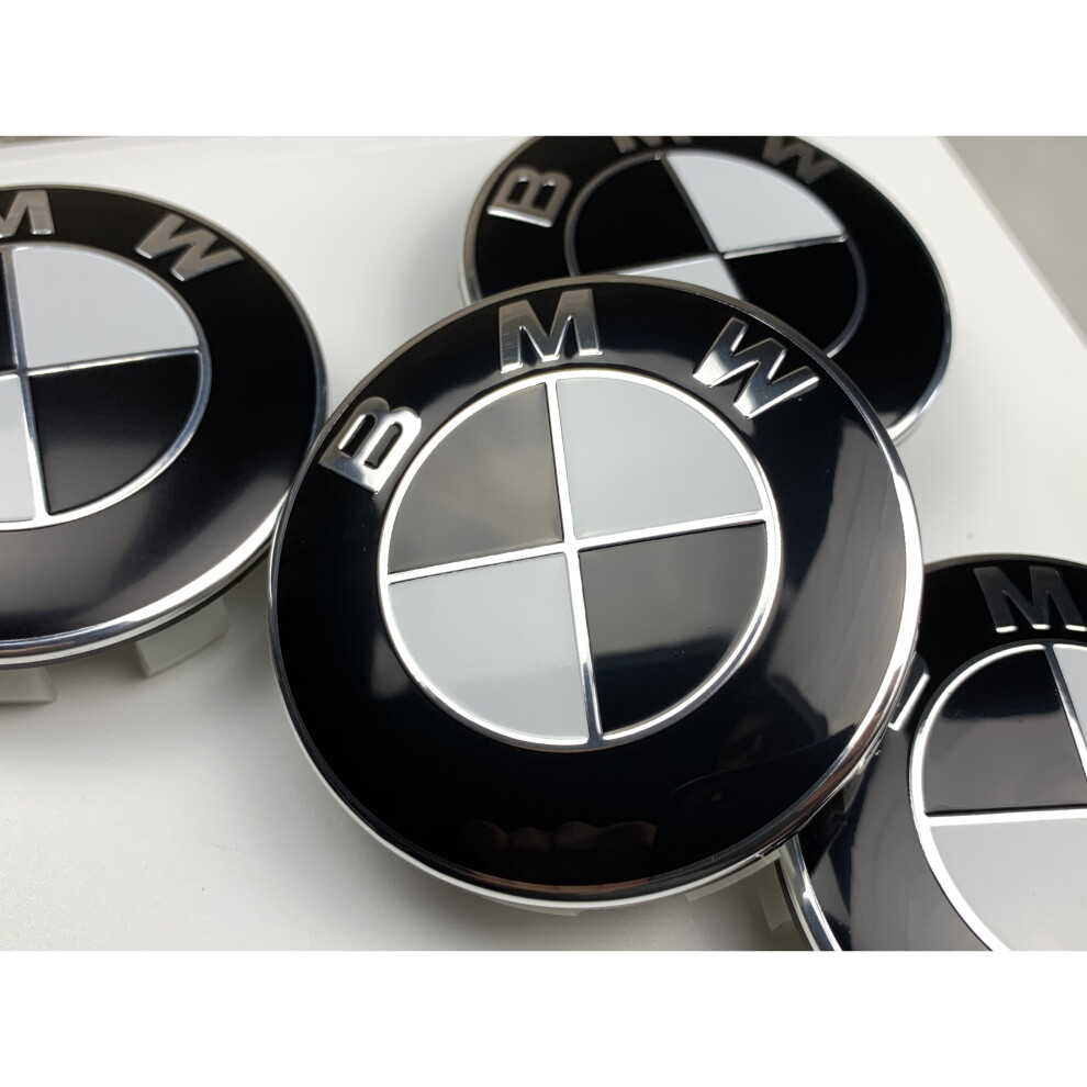 (Black and white ) Set of 4 BMW alloy wheel centre caps 68mm