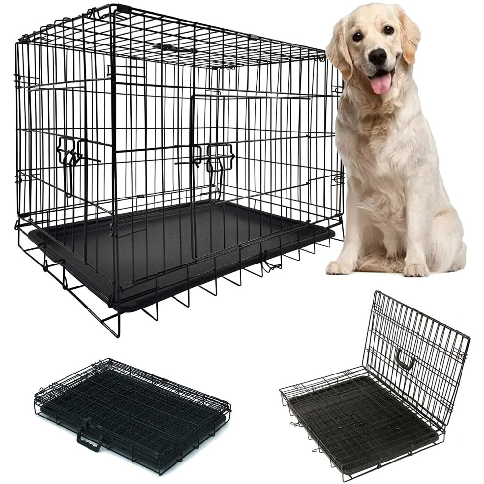 (36 Inch) PET CRATE Folding Strong Metal Double Door Puppy Dog Cage with Animal Floor Tray