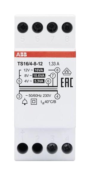 Abb Ts16/4-8-12 Bell Transformer, 4V/8V/12V, 4A, 16Va