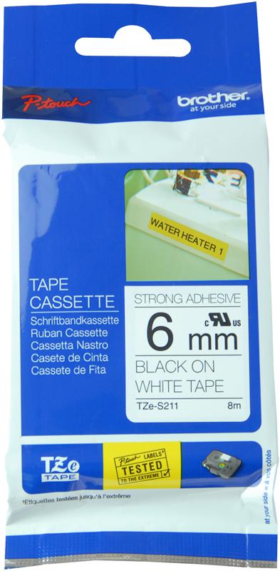 Brother Tze-S211 Tape, Black On White, 6mm