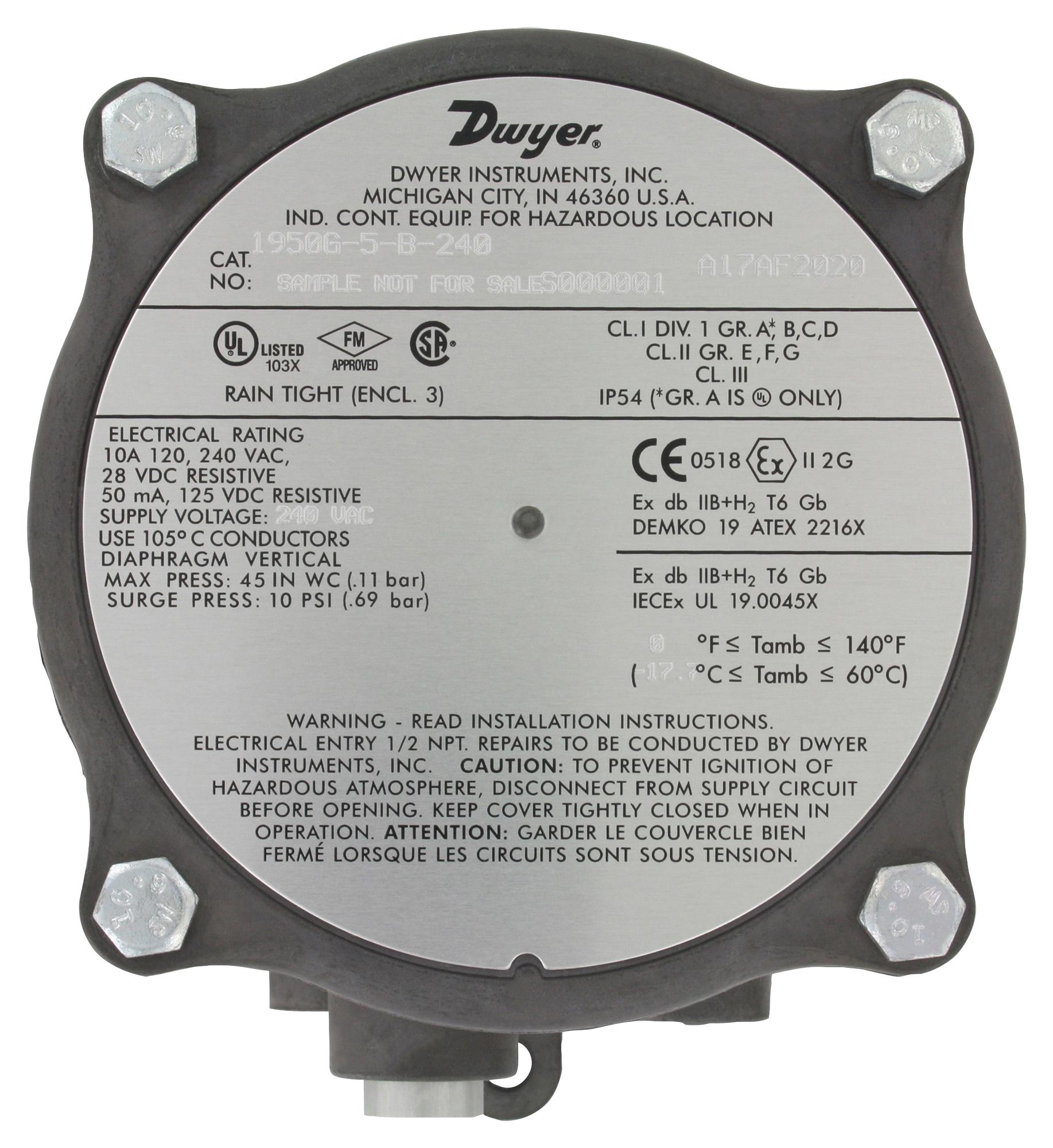 Dwyer 1950G-20-B-120-Na. Explosion-Proof Differential Pressure Switch,range 4-20 W.c.,approx. Deadband Min. Set Point 1.2,approx. Deadband Max. Set Po