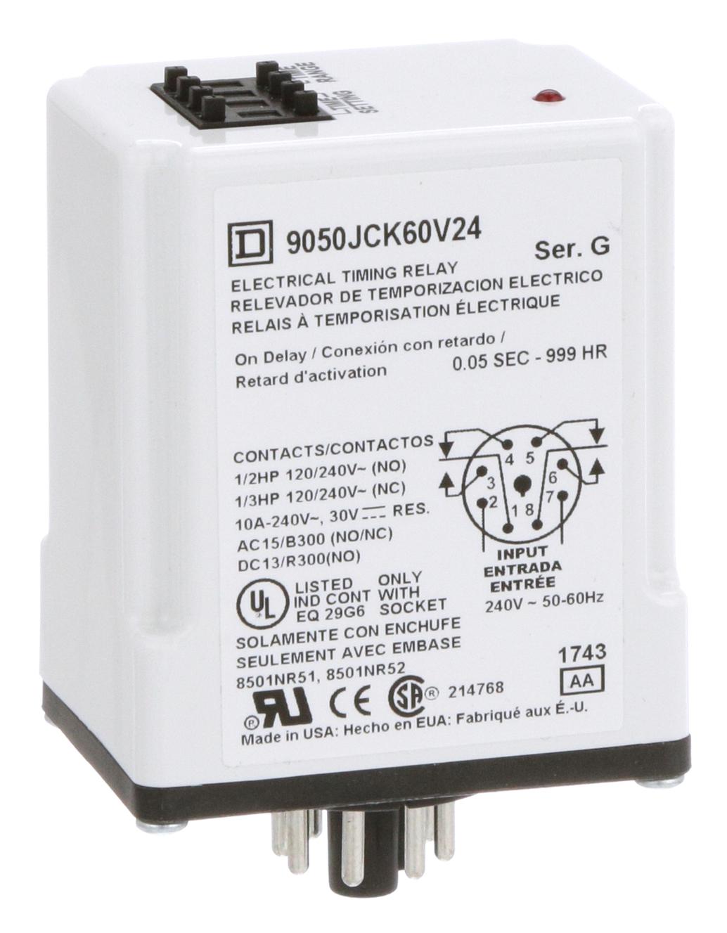 Square D By Schneider Electric 9050Jck60V24 Time Delay Relay, Dpdt/0.1S-99.9H/240Vac