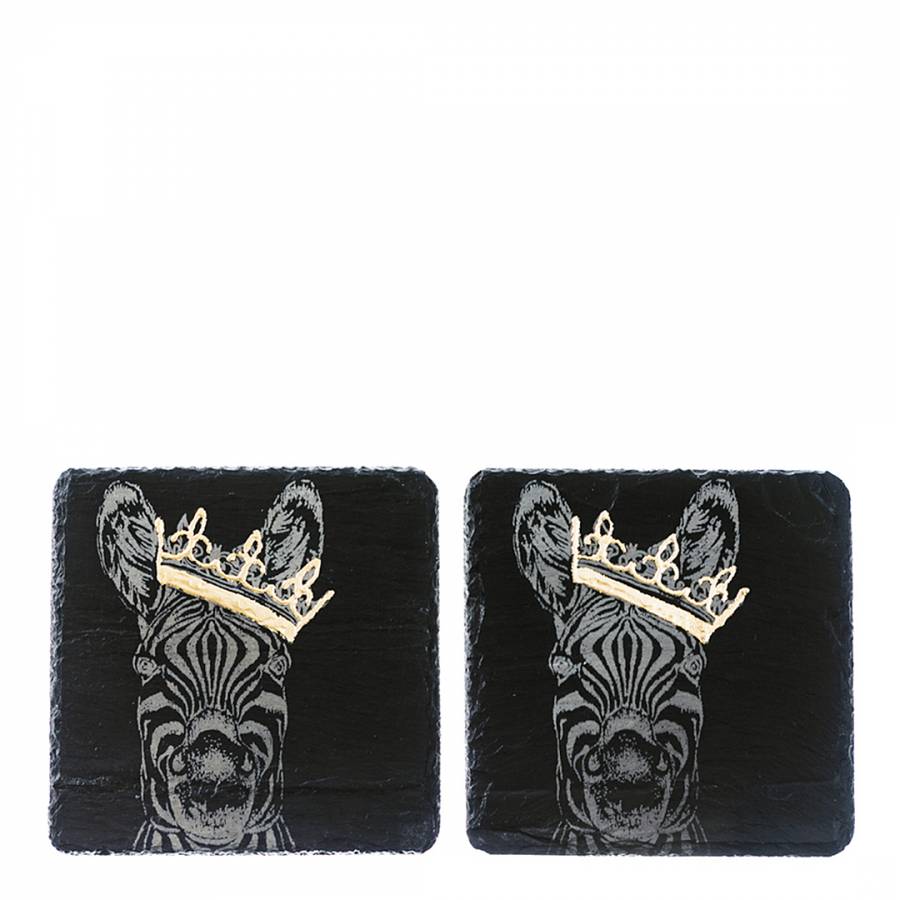 Set of 2 Gold Leaf Slate Coasters  - Crowned Zebra