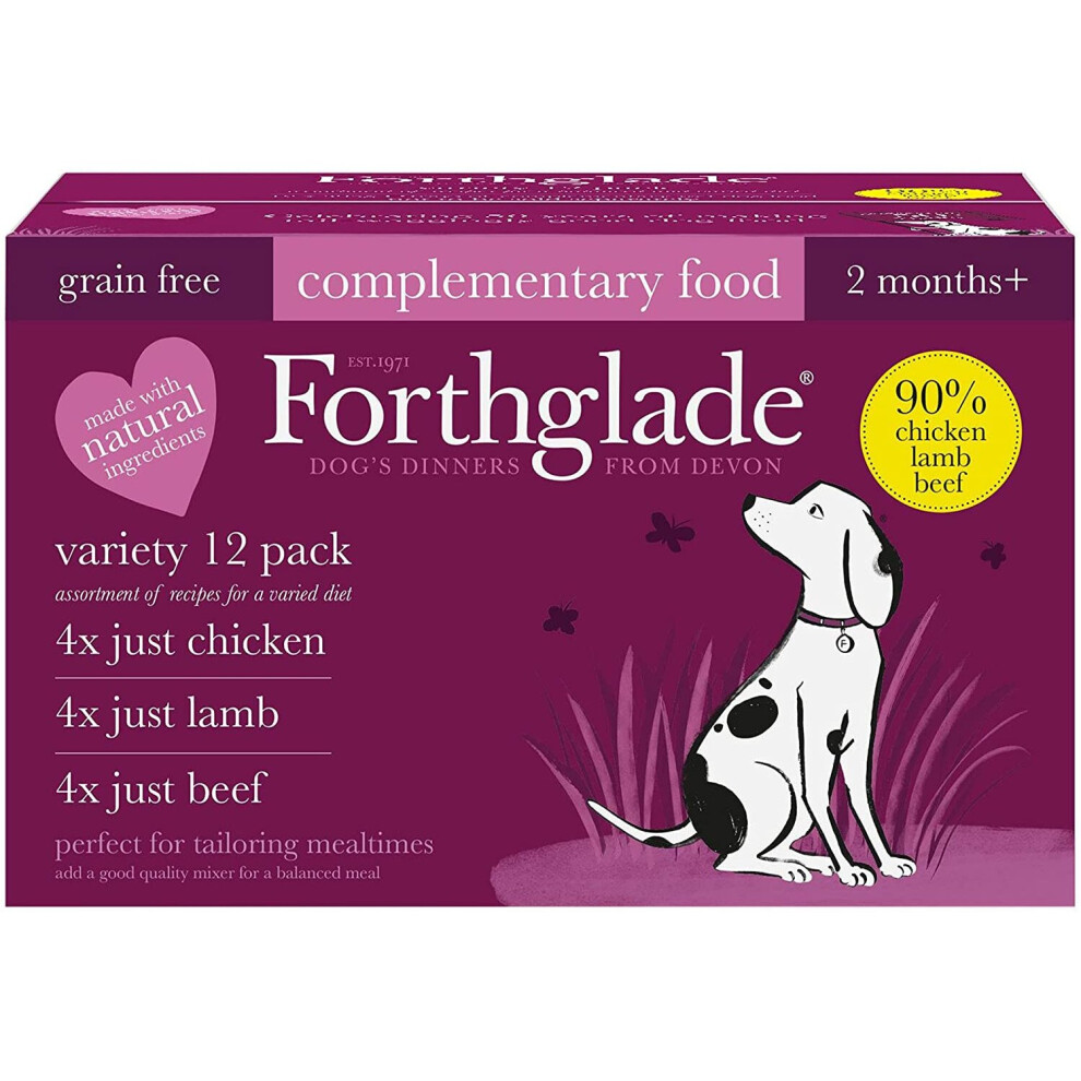 Forthglade Complementary Natural Wet Dog Food - Grain Free Just Variety Pack (12 x 395 g) Trays - Chicken, Lamb & Beef