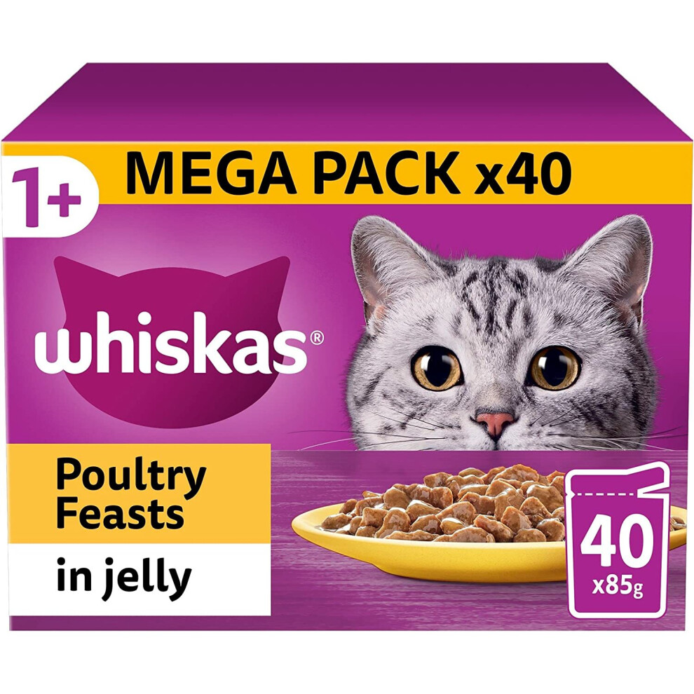 Whiskas 1 plus Adult Poultry Selection in Jelly 40 Pouches, Adult Wet Cat Food, Megapack (40 x 85 g)