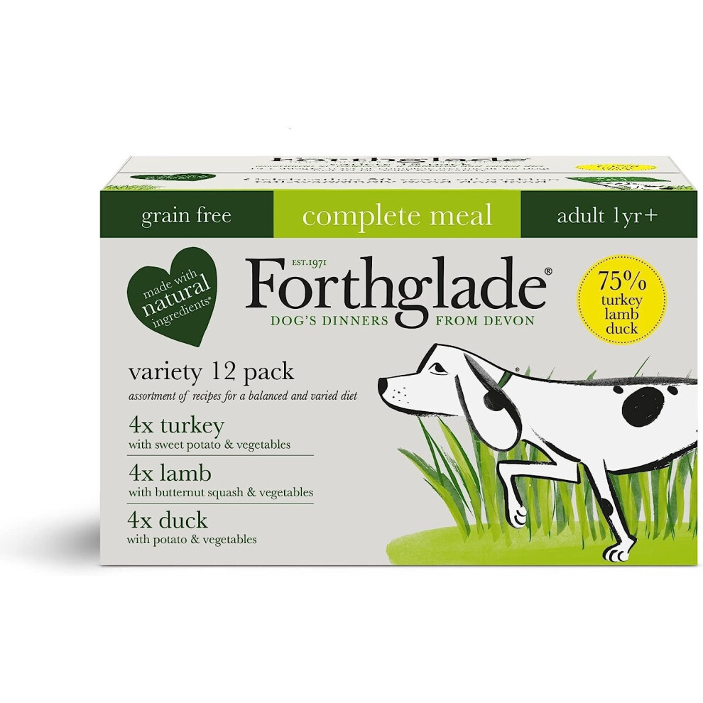 Forthglade Complete Natural Wet Dog Food - Grain Free with vegetables Variety Pack (12 x 395g) Trays - Turkey, Lamb & Duck - Adult Dog Food 1 Year+