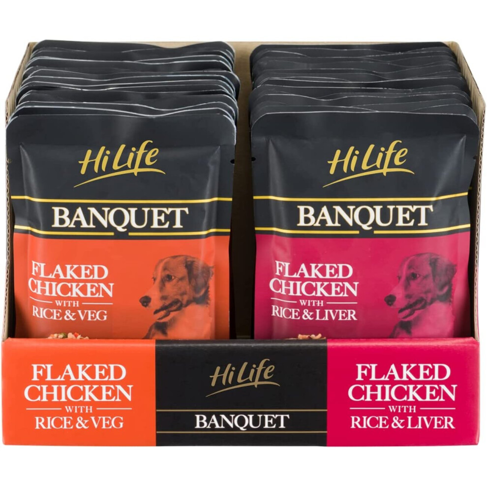 HiLife Banquet - Wet Dog Food - Flaked Chicken Breast, Rice, Liver, Veg - 100% Natural Ingredients, 30 Pouches x 100g