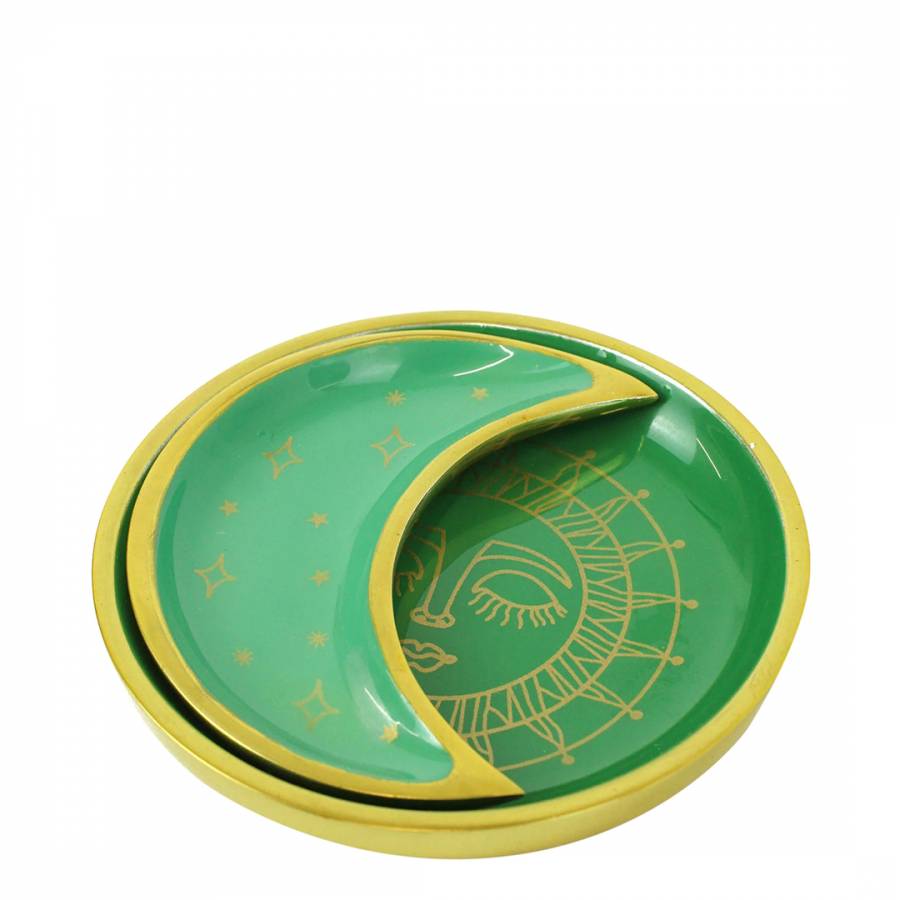 Green Enamel Sun Face & Crescent Moon Trinket Dish