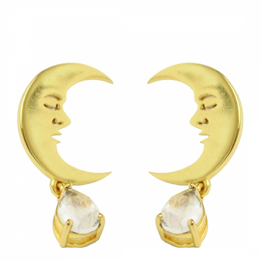Gold Moon Earrings With Rainbow Moonstone Drop