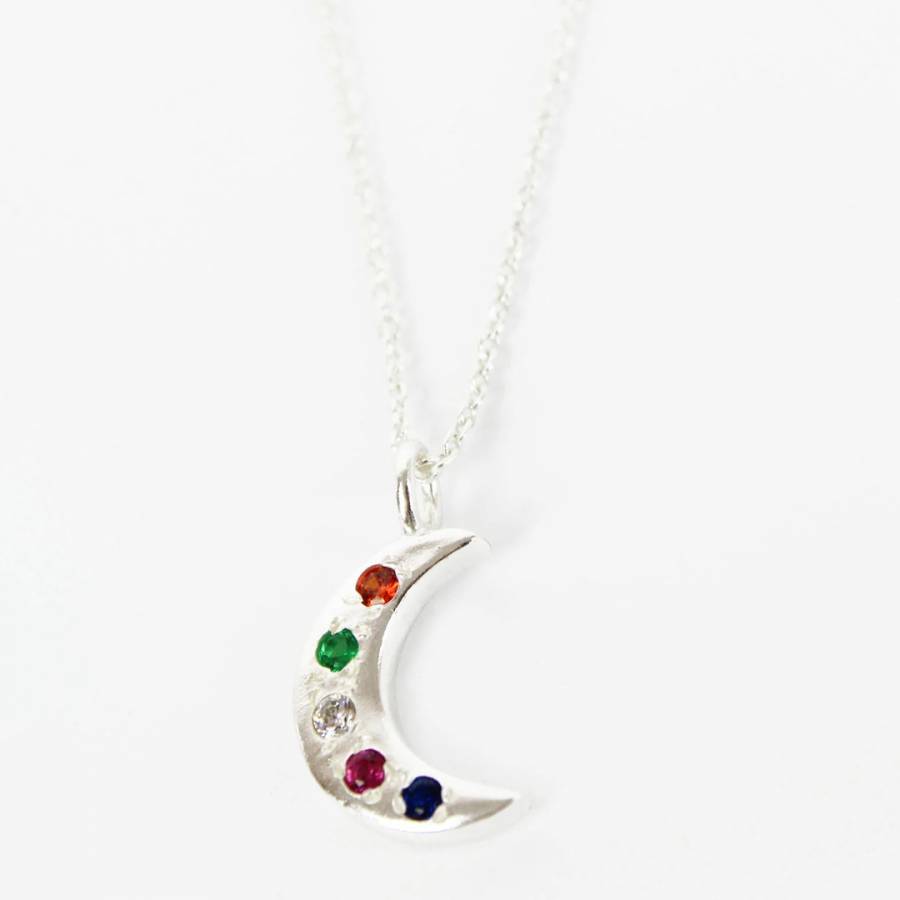 Silver Moon Gem Studded Hook Necklace