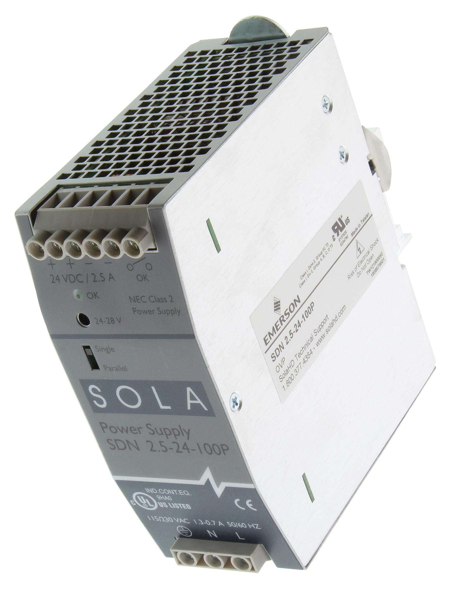 SolaHD Sdn2.5-24-100P Ac-Dc Converter, Din Rail, 1 O/p, 60W, 2.5A, 24V