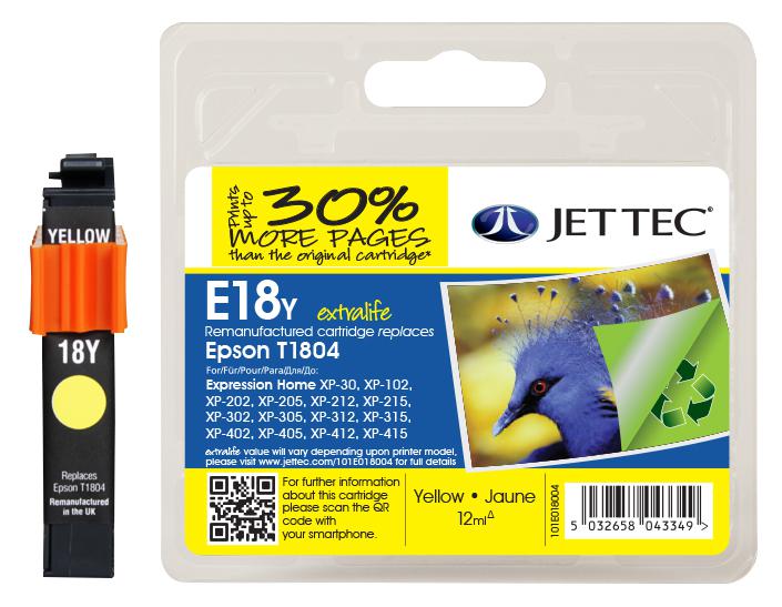Jet Tec 101E018004 Ink Cart, Compatible, Epson T1804 Yellow