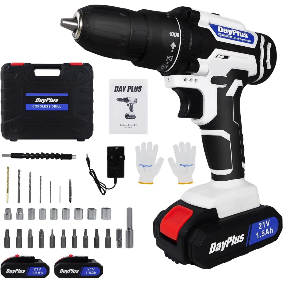 (White, With 2 Li-Ion Batteries) 21V Cordless Drill Set Power Drill Driver Impact Drill Fast Charger,1500mAh Lithium-Ion Battery, 3/8'' Chuck, 25+1 To