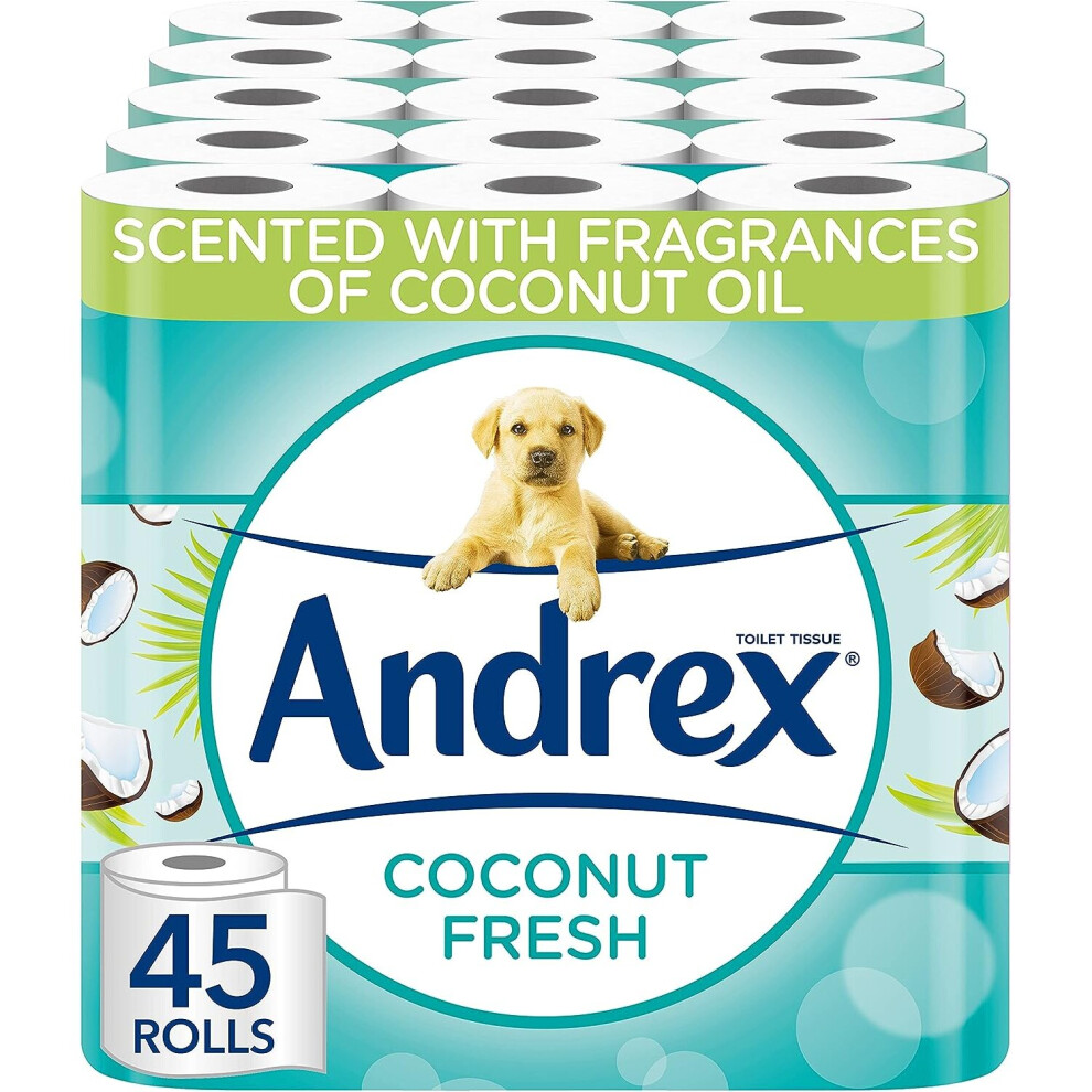 Andrex Coconut Fresh Fragrance Toilet Rolls - 45 Toilet Roll - Bulk Buy Toilet Rolls - Coconut Scented Toilet Rolls for a Fresh and Confident Clean