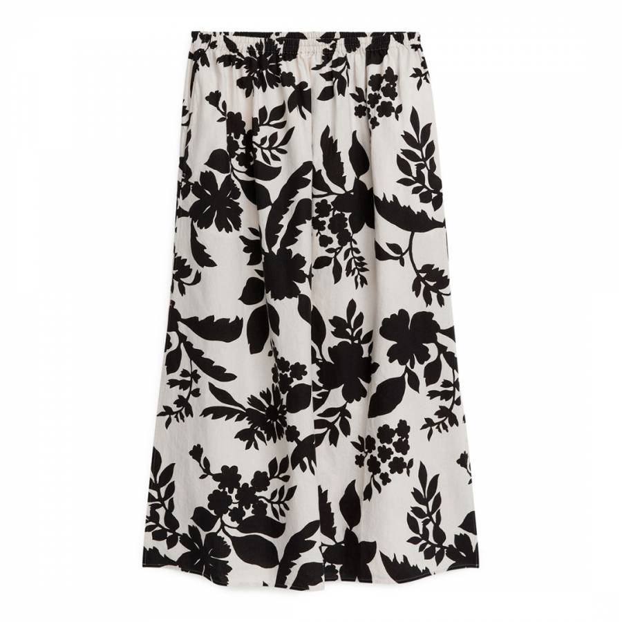 White/Black Printed Cotton Midi Skirt