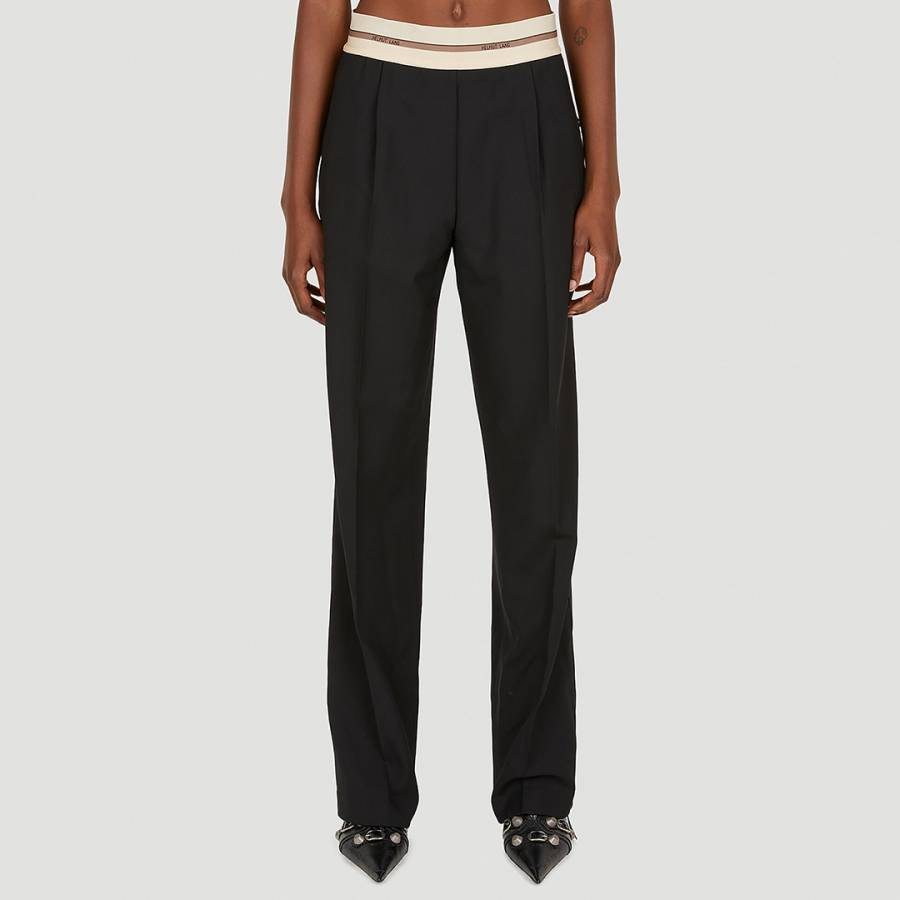 Black Pull on Straight Wool Blend Trousers