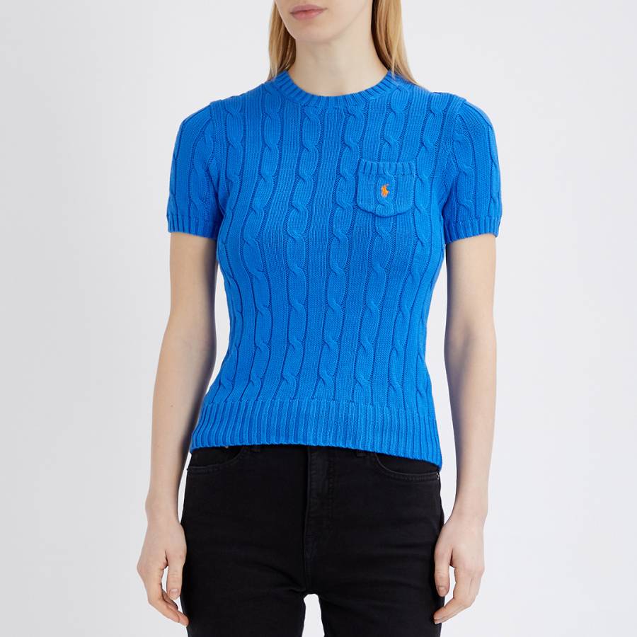 Blue Cable Knit Cotton Short Sleeve Jumper