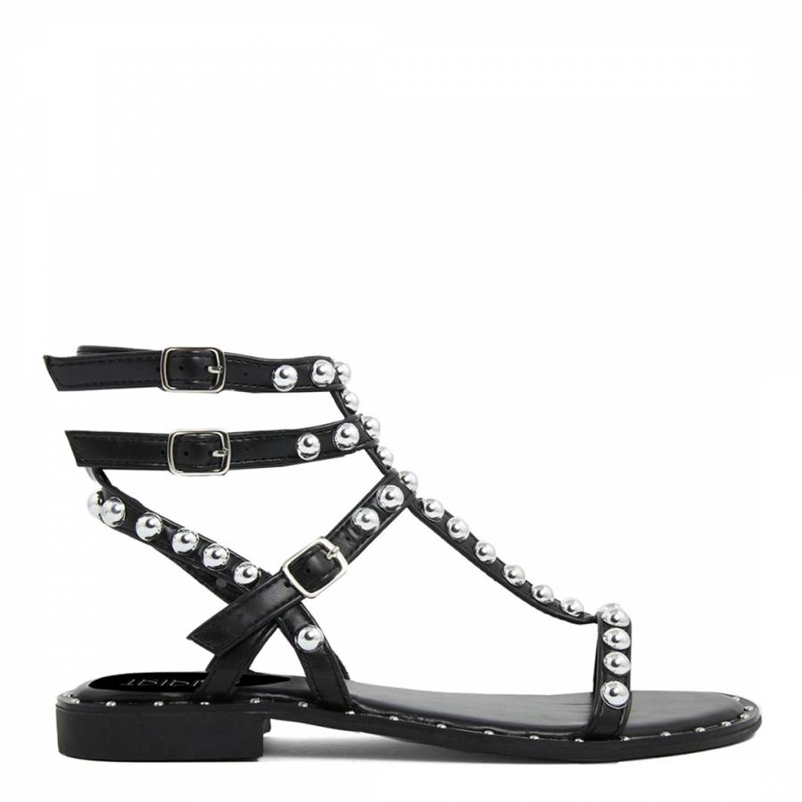 Black Leather Studded Embroidery Flat Sandals