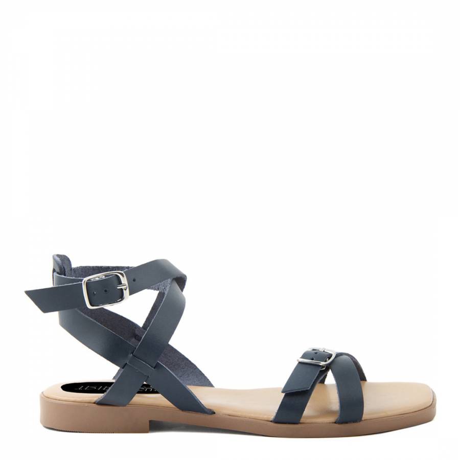 Blue Leather Buckle Detailed Flat Sandals