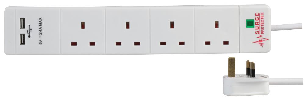 Pro Elec Pel00098 Extension 4 Gang Surge, 2 Usb, White 3M