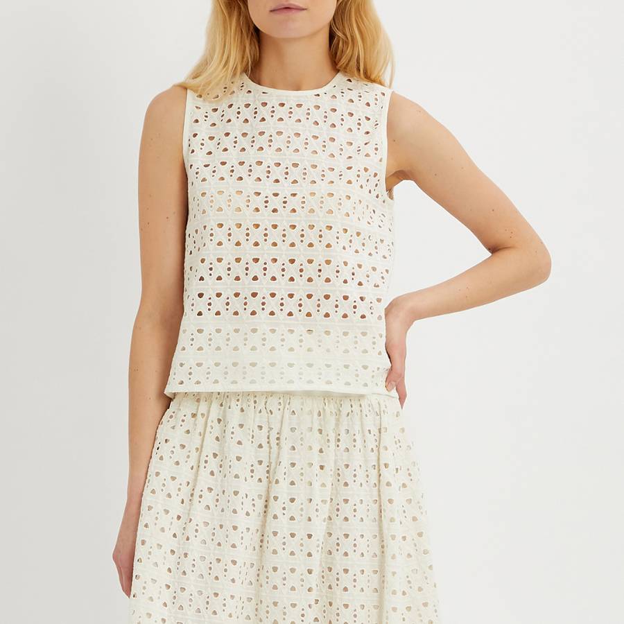 Off White Cotton Broderie Sleeveless Top
