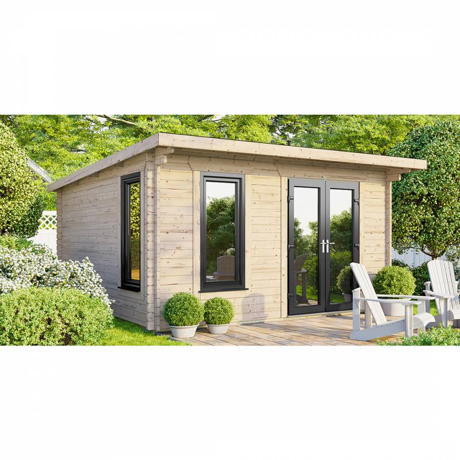 SAVE £1230  14x12 Power Pent Log Cabin Right Double Doors - 44mm