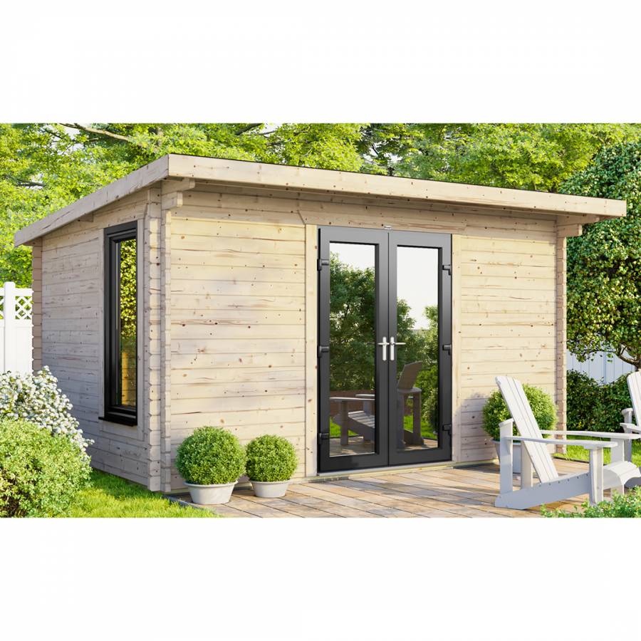 SAVE £1130  14x8 Power Pent Log Cabin Central Double Doors - 44mm