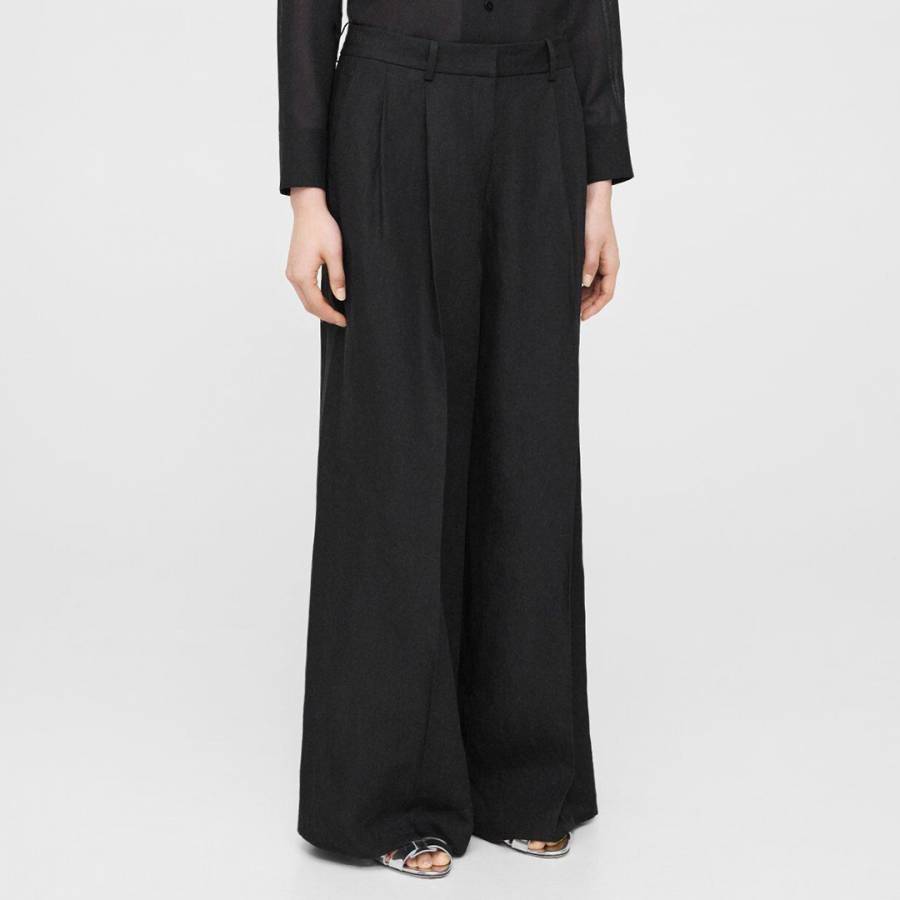 Black Low Rise Pleated Linen Trousers