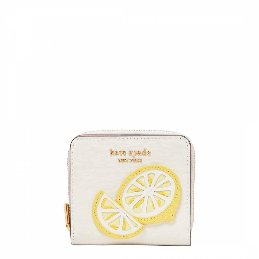 Halo White Lemon Drop Lemon Appliqued Saffiano Leather Small Compact Wallet