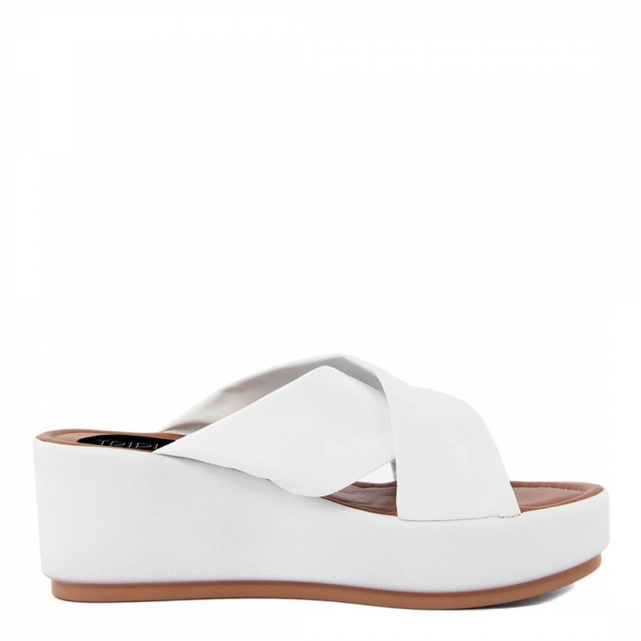 White Leather Crossover Platform Wedge Sandals