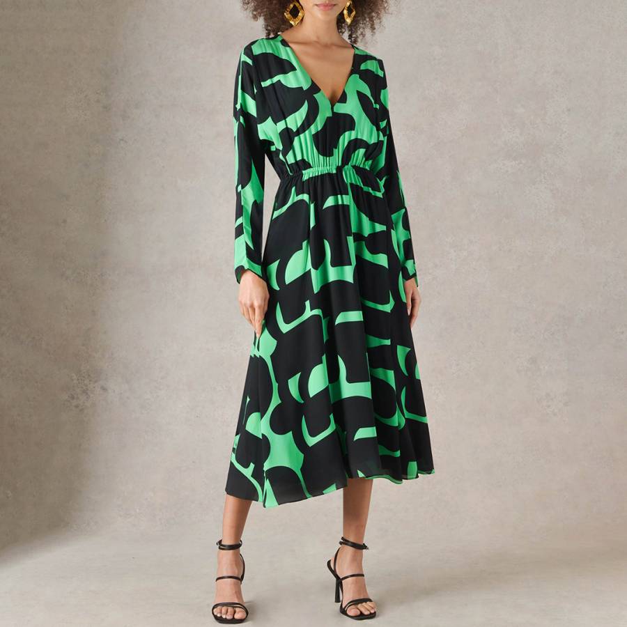 Green Printed Split Midi Dress
