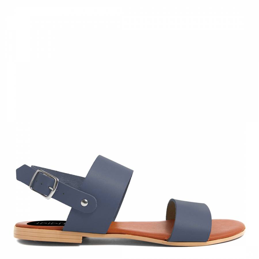 Blue Leather Double Strap Flat Sandals