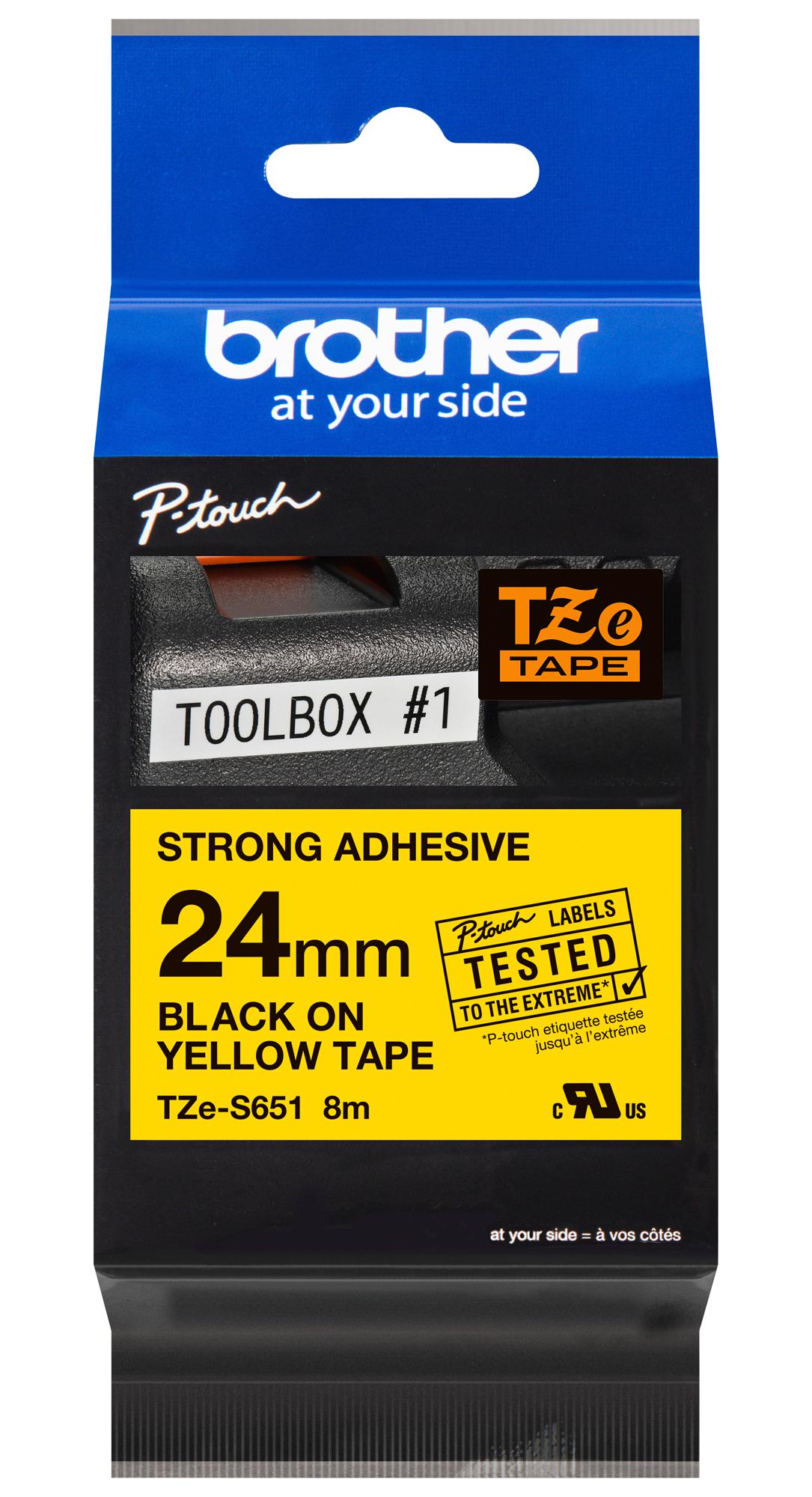 Brother Tze-S651 Tape, 24mm, Black/yellow, S/adh