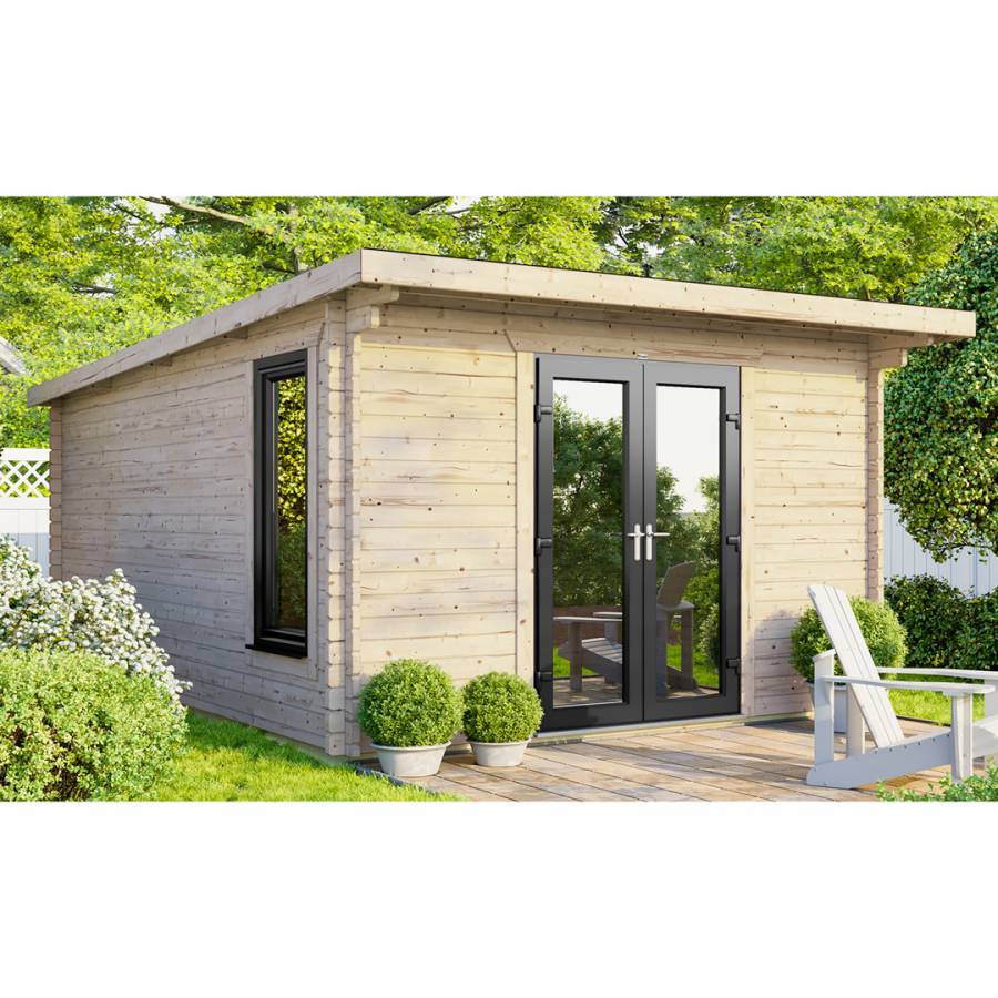 SAVE £1230  12x14 Power Pent Log Cabin Central Double Doors - 44mm