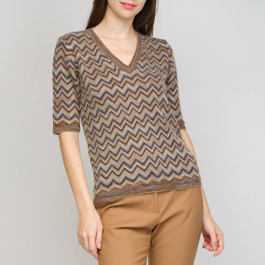 Tan Multi V-Neck Pattern Wool Blend Top