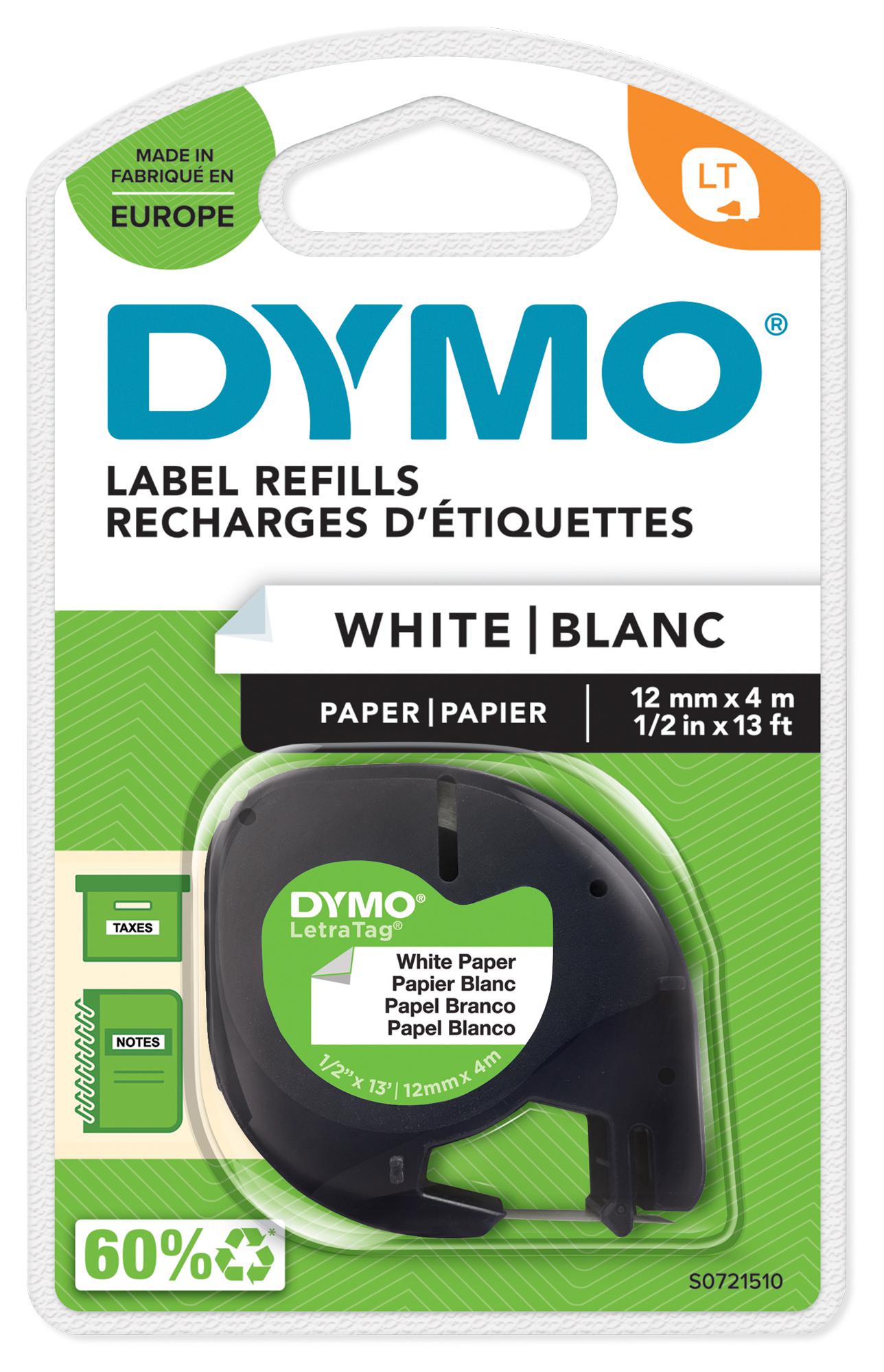Dymo S0721510 Label, Tape, Paper, White, 12mm x 4M