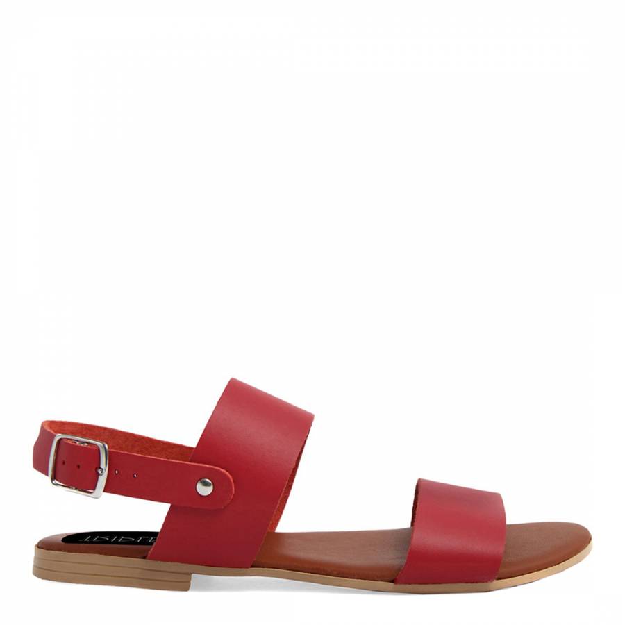 Red Leather Double Strap Flat Sandals