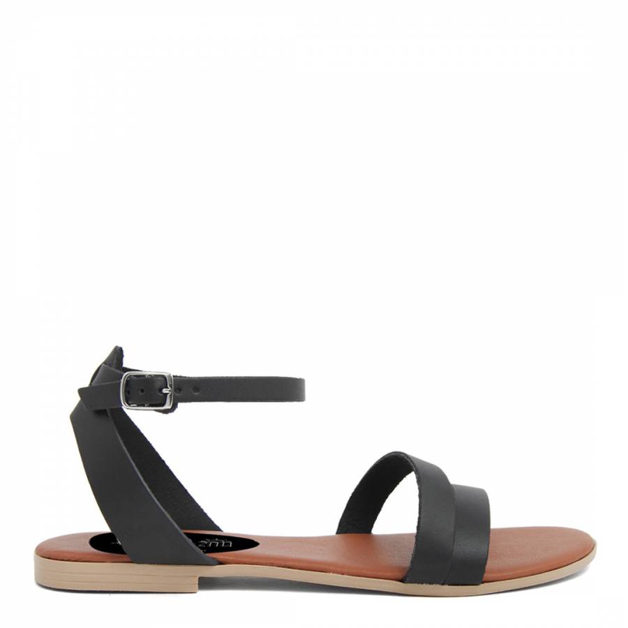 Black Leather Ankle Buckle Flat Sandals